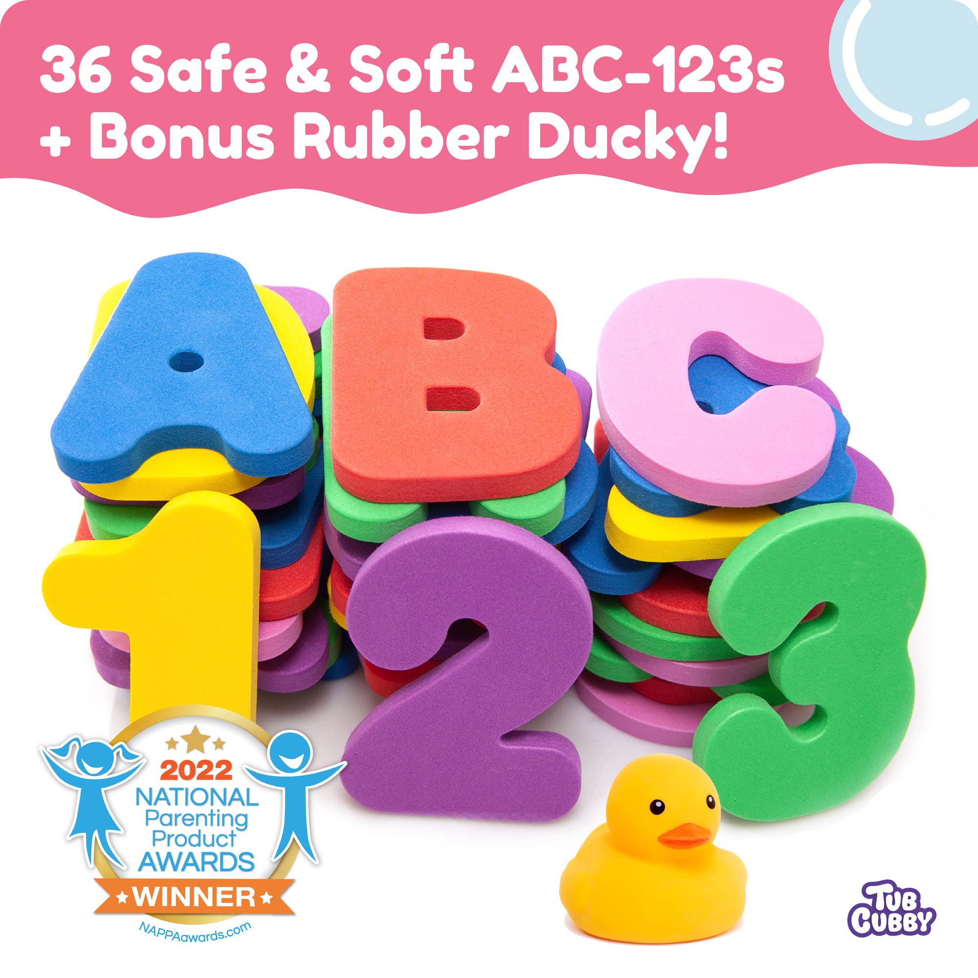 Tub Cubby Original Bath Toy Storage for Baby Toys with Suction & Adhesive Hooks, 14x20 Mesh Net Shower Caddy for Bathtub Toys, 36 ABC Soft Foam Letters & Numbers - Bonus Rubber Duck & Hooks