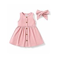 PATPAT Baby Toddler Girl Dresses Infant Sleeveless Summer Solid Dress Rib Knit Tank Skirt Dress Sundress with Headband