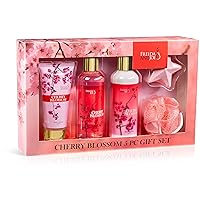 Freida & Joe Fragrance Bath & Body Collection Gift Box, Includes Shower Gel, Body Lotion, Body Scrub, Bath Bomb & Sponge (Cherry Blossom) Luxury Body Care Mothers Day Gifts for Mom