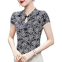 Women's Knit Lace Tops Fashion Mock Neck Short Sleeve Retro Rose Print Stretchy Blouses Elegant Formal Work Shirt