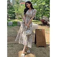 Dresses for Women Ditsy Floral Print Puff Sleeve Knot Side Wrap Dress (Color : Multicolor, Size : Small)