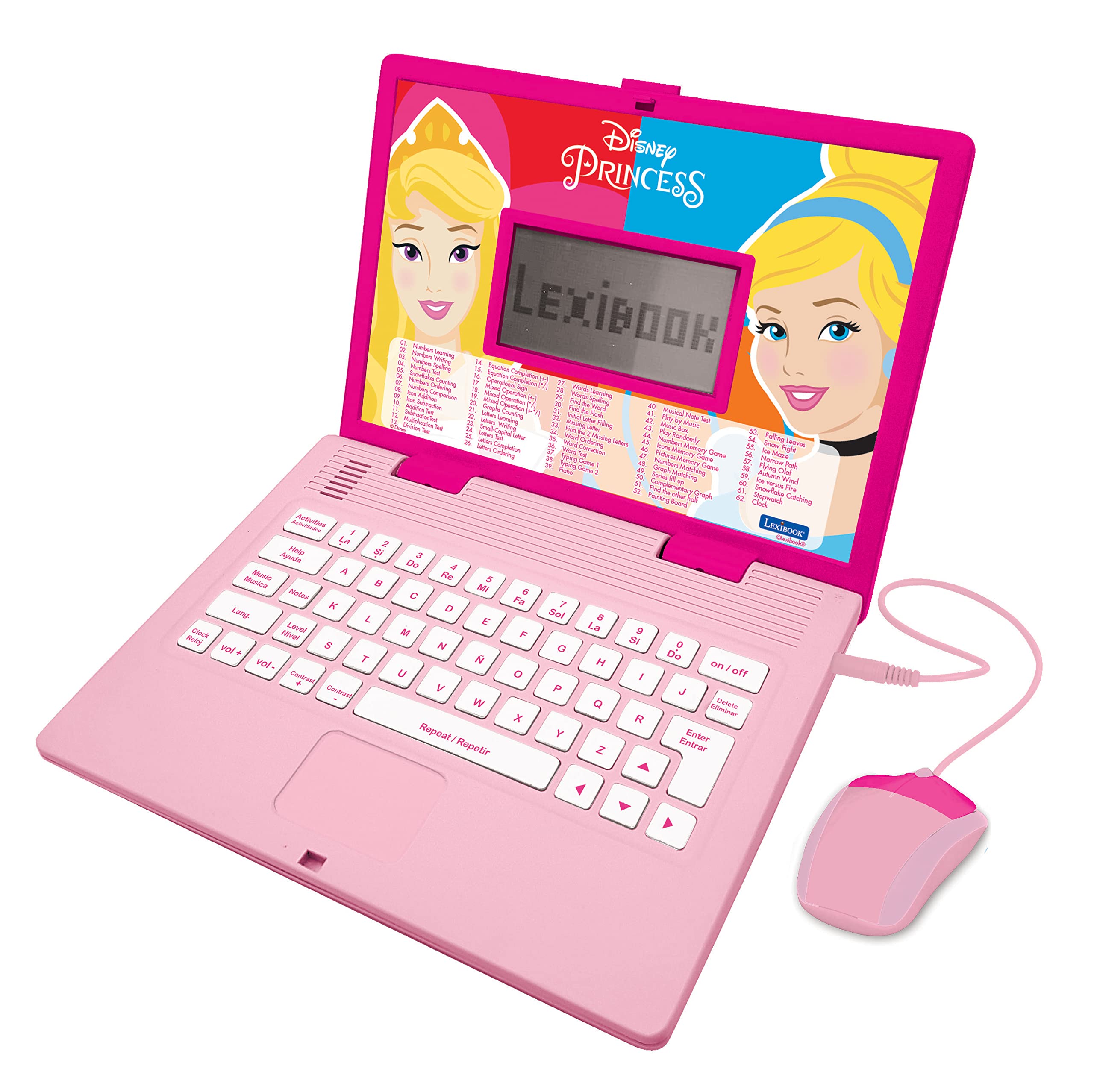 Lexibook Disney Princess - Educational and Bilingual Laptop Spanish/English - Girls Toy with 124 Activities to Learn, Play Games and Music - Pink JC598DPi2