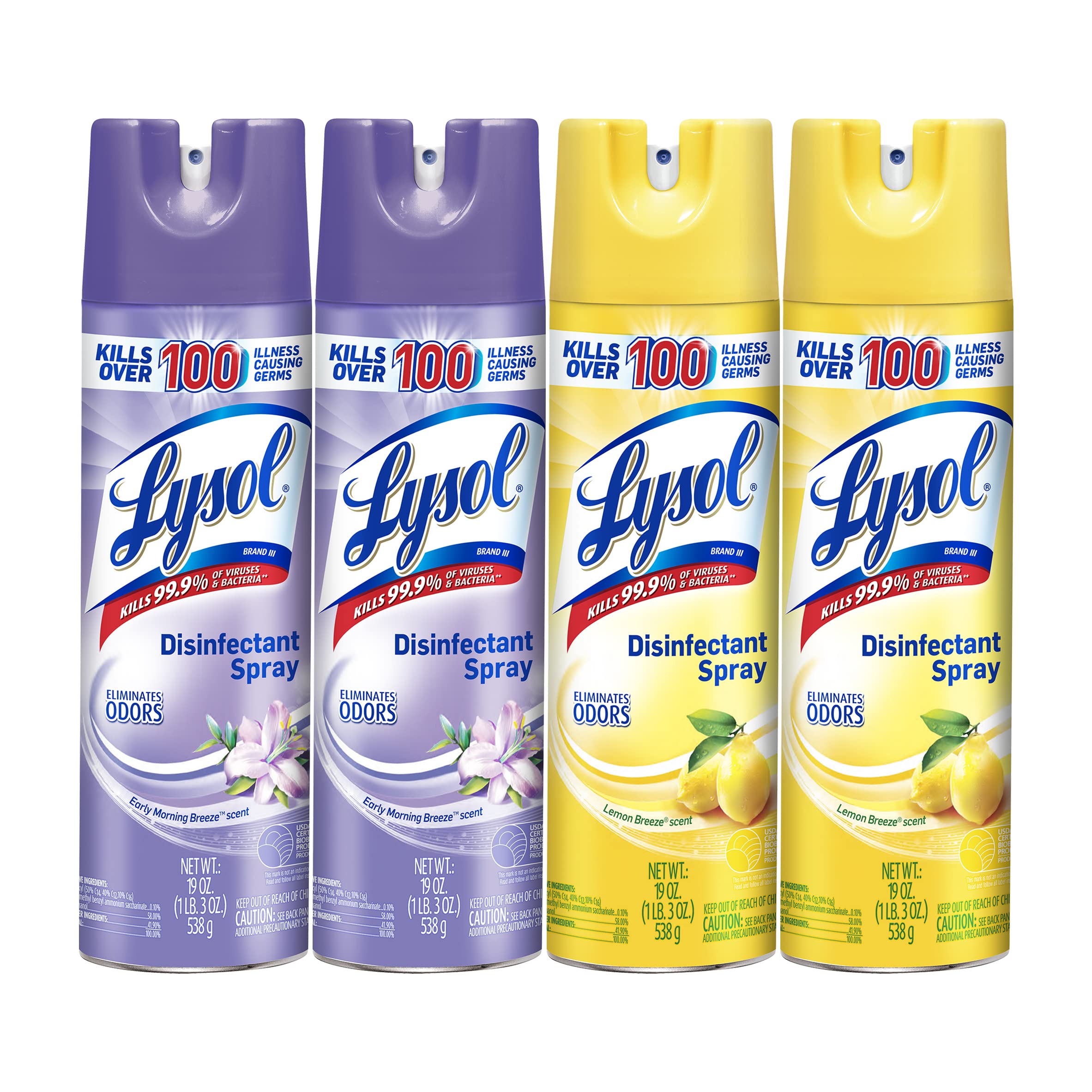 Lysol Disinfectant Spray Bundle, Sanitizing And Antibacterial Spray, For Disinfecting And Deodorizing, contains x2 Lemon Breeze 19 Fl Oz and x2 Early Morning Breeze, 19 Fl Oz, Packaging May Vary