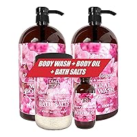 Cherry Blossom-Body Wash- Pack of 2 (67.6 fl. oz) - Bath Salts - Large 34.2 OZ. - Body Oil-(4 fl. oz)- MEGA BUNDLE