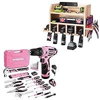 WORKPRO Power Tool Organizer, Cordless Drill Holder & WORKPRO Pink Tool Set with Power Drill, 108PCS Portable Ladies Pink Drill Kit