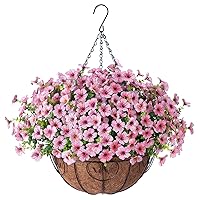Artificial Fake Hanging Plants Flowers with Basket Outdoor Spring Decor, Faux Silk Pink Daisy in Pot Planter Realistic UV Resistant for Porch Home Indoor Patio Balcony Garden Yard