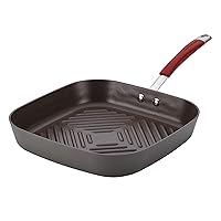 Rachael Ray Cucina Hard Anodized Nonstick Grill/Deep Square Griddle Pan, 11 Inch, Gray with Red Handles