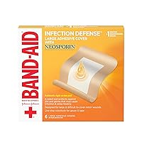 Brand Infection Defense Adhesive Wound Covers with Neosporin Antibiotic Ointment On The Pad for First Aid Wound Care, Bacitracin Zinc & Polymyxin B Sulfate, Sterile, Large, 6 ct