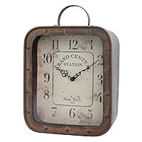 Large Square Rustic Metal Table Top Clock with Handle and Rivet Detail, Industrial Home Decor Accents for the Mantel, Shelf, Desk, or Any Table Top, Battery Operated
