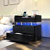 LED Nightstand with Voice-Activated Mode, Acrylic Float Nightstand with Charging Station, Side Table End Table with 2 Drawers (Black)