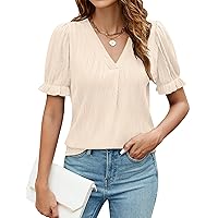 Blooming Jelly Women Summer Top Dressy Casual Blouse V Neck Puff Short Sleeve Trendy Tops Fashion Shirts Outfits 2024