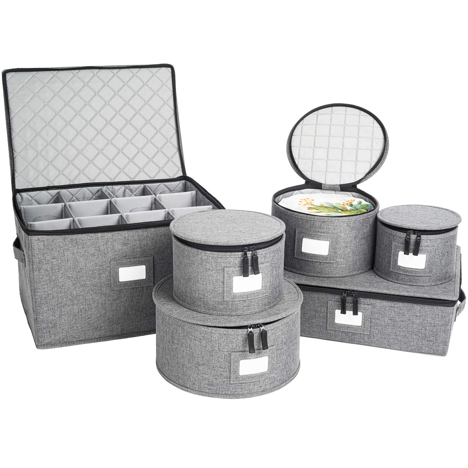 China Storage Set, Hard Shell and Stackable, for Dinnerware Storage and Transport, Protects Dishes Cups and Wine Glasses, Felt Plate Dividers Included(6 Piece Hard Shell Set for China Storage)