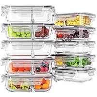 10 Pack Glass Meal Prep Containers 2 Compartment, Glass Food Storage Containers with Lids, Airtight Glass Lunch Bento Boxes, BPA-Free & Leak Proof (10 lids & 10 Containers) - Grey