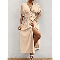 Dresses for Women - Plunging Neck Batwing Sleeve Button Front Dress (Color : Khaki, Size : Large)
