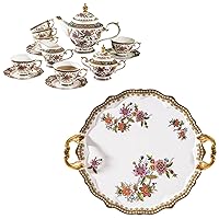 ACMLIFE Bone China Tea Set for 6 Adults, Vintage Floral Serving Trays for Entertaining Coffee Tea Party or Food, Pink