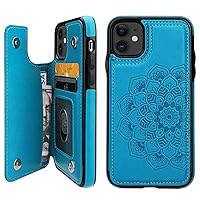 iPhone 11 Case Wallet with Card Holder, Vaburs Embossed Mandala Pattern Flower Premium PU Leather Double Magnetic Buttons Flip Shockproof Protective Cover for iPhone 11 (6.1 Inch,Blue)