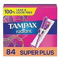 Tampax Radiant Tampons with LeakGuard Braid, Super Plus Absorbency, Unscented, 28 Count x 3 Pack (84 count total)