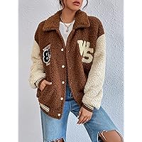 Jackets for Women Letter Patch Detail Colorblock Drop Shoulder Teddy Jacket Jackets for Women (Color : Multicolor, Size : X-Small)