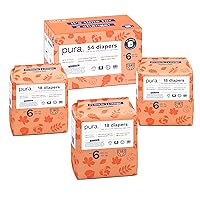 Pura Size 6 Eco-Friendly Diapers (29+ lbs) Hypoallergenic, Soft Organic Cotton, Sustainable, up to 12 Hours Leak Protection, Allergy UK, Recyclable Paper Packaging, 3 Packs of 18 Diapers (54 Diapers)