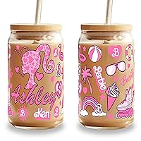 Barbie Girl Personalized Tumbler With Name Glass Cup, Barbi Pink Doll Custom Iced Coffee Design Glass Tumbler Personal Name Let’s Go Party