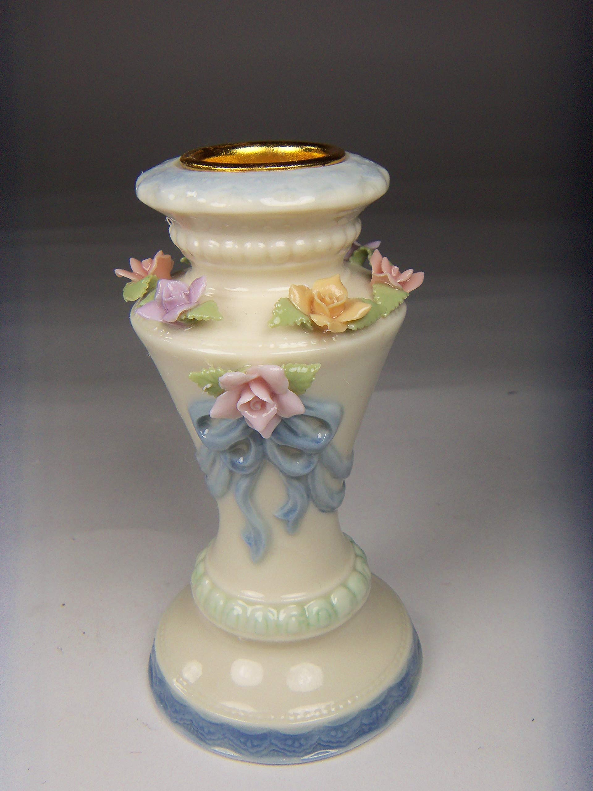 Fine Elegant Porcelain Rose Flowers on Column Design Taper Candle Holder (Candle NOT Included), 4-1/4" H