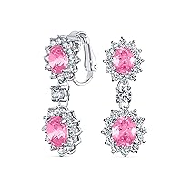 Vintage Style Bridal Simulated Gemstone Statement Pave Crown Halo Cubic Zirconia AAA CZ Long Dangling Oval Teardrop Chandelier Clip On Earrings For Women Non-Pierced