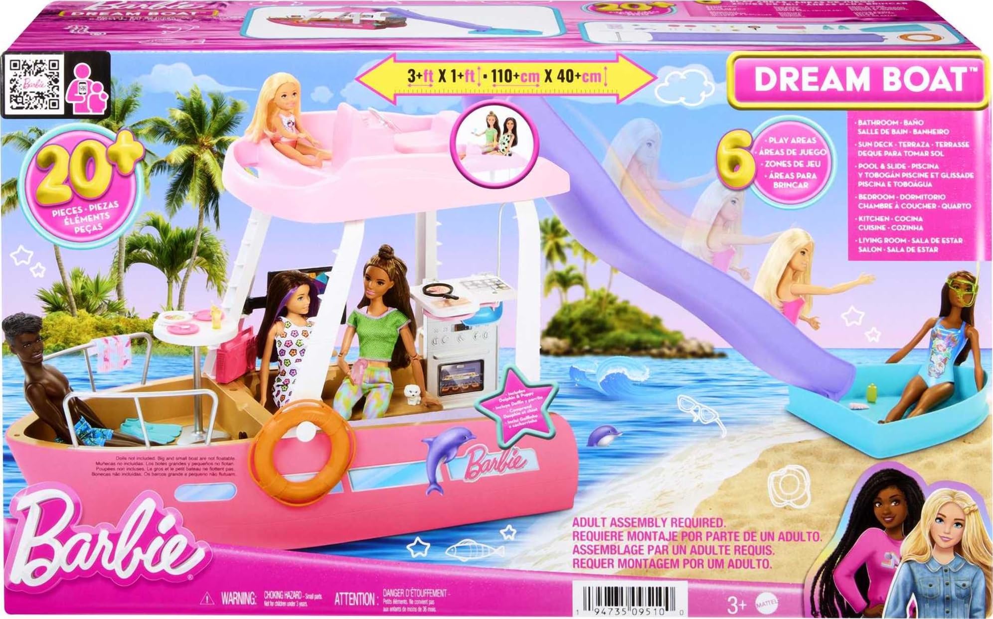 Barbie Toy Boat Playset, Dream Boat with 20+ Pieces Including Pool, Slide & Dolphin, Ocean-Themed Accessories