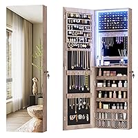 Vlsrka 47.2 Inch Full Length Mirror with Storage, Wall Mount Mirror Jewelry Cabinet, Over The Door Hanging Jewelry Armoire Organizer, Built-in Light, 4 Drawers, 5 Shelves, Lockable (Wood)