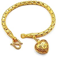 Link Bracelet Heart Charm Thai Gold Plated Bangle 22k 24k Thai Baht Yellow Gold Filled Jewelry Women 7 Inch