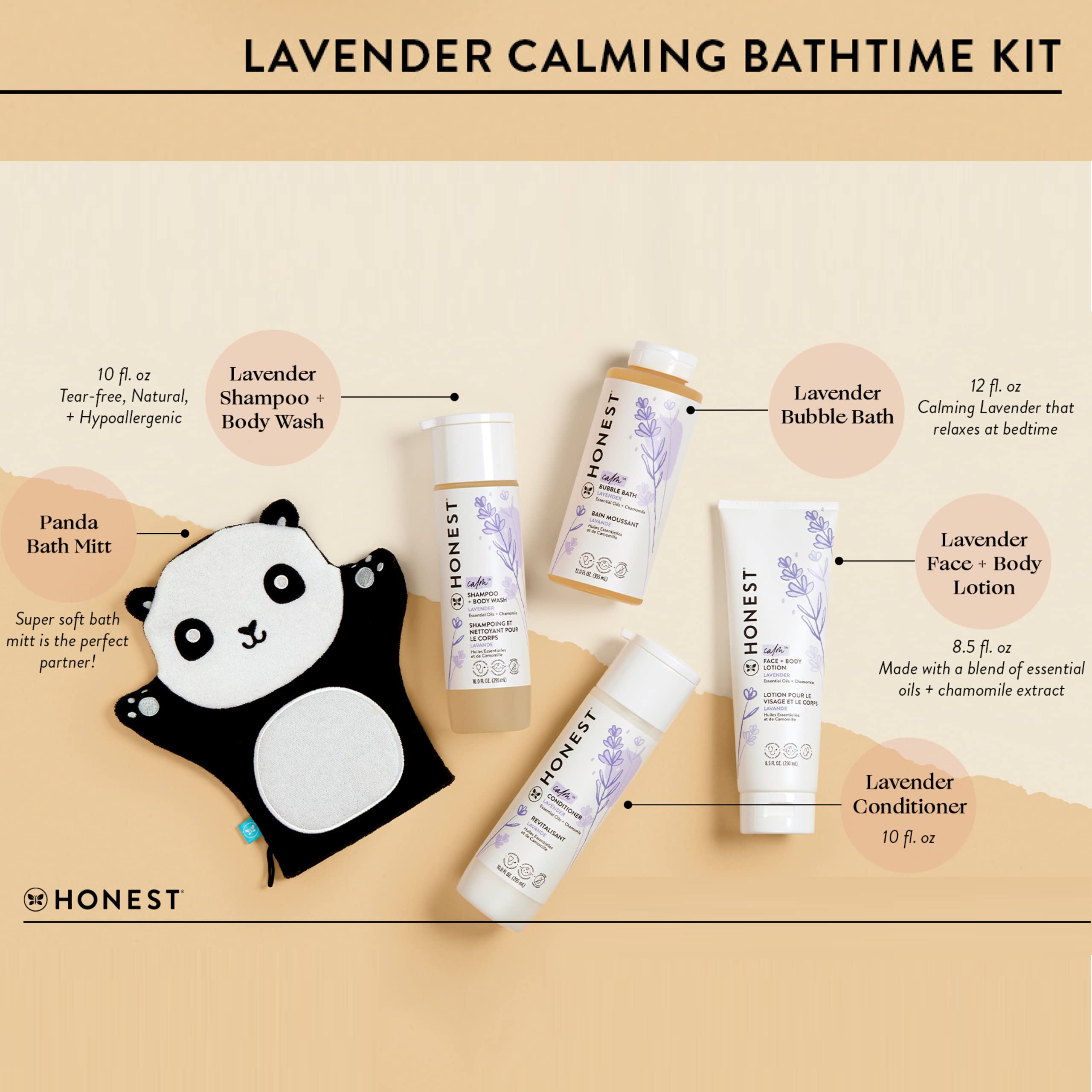 The Honest Company Lavender Bathtime Essentials Bundle | Shampoo + Body Wash, Conditioner, Face + Body Lotion, Bubble Bath, Panda Bath Mitt | Naturally Derived, Tear-free, Hypoallergenic