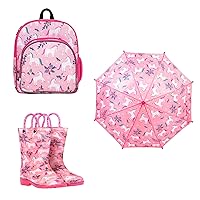 Wildkin Kids 12 Inch Backpack, Umbrella with Size 5 Rainboots Bundle for All Seasons (Magical Unicorns)