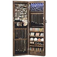 SONGMICS 6 LEDs Mirror Jewelry Cabinet, 47.2-Inch Tall Lockable Wall or Door Mounted Jewelry Armoire Organizer with Mirror, 2 Drawers, 3.9 x 14.6 x 47.2 Inches, Mother's Day Gifts, Rustic Brown