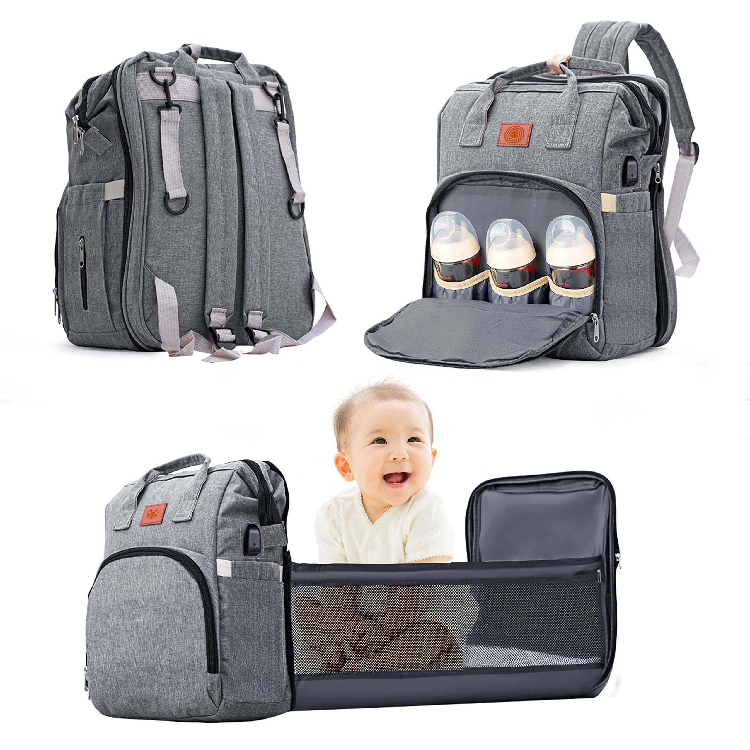 Diaper Backpack Multifunction Travel Back Pack Large Capacity Baby Changing Bags for Toddlers With Insulated Pockets Grey