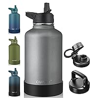 CIVAGO 64 oz Insulated Water Bottle With Straw, Half Gallon Stainless Steel Sports Water Flask Jug with 3 Lids (Straw, Spout and Handle Lid), Large Metal Thermal Cup Mug, Cool Gray