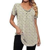 Tee Shirts Womens Floral Tops for Women 2024 Summer Bohemian Casual Fashion Loose Fit with Short Sleeve Henry Neck Shirts Khaki Large