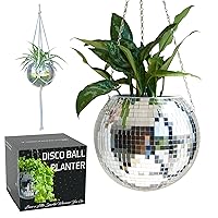 SCANDINORDICA Disco Ball Planter – Value Package: Mirror Disco Planter with Chain, Macrame Hanger and Acrylic Stand for Desk, Includes Self Watering Insert, Eclectic Home Decor | 10 inch Silver