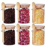 Glass Jars with Bamboo Lids and Spoon Set of 6, 17 OZ Coffee Sugar Container Set with Scoop, Overnight Oatmeal Jars Containers with Lids and Spoon for Loose Tea, Yogurt
