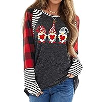 Valentine's Day Shirts for Women Gnomes T-Shirt Love Heart Graphic Tee Shirts Plaid Long Sleeve Tops