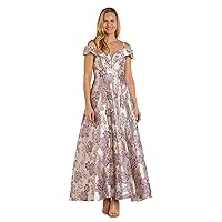 Long Off-The-Shoulder Metallic Floral Brocade Gown