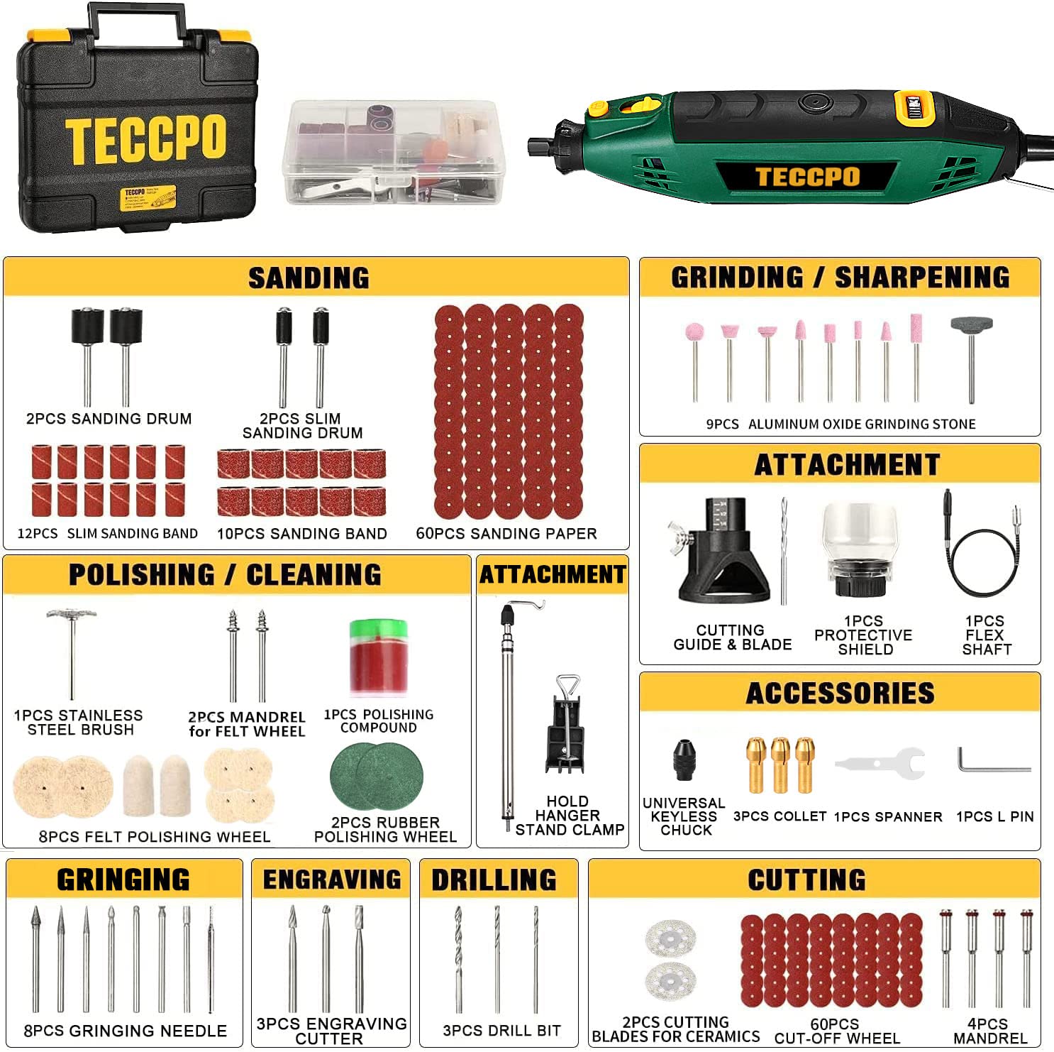 TECCPO Rotary Tool Kit 1.8 amp, 10000-40000RPM Power Wood Carving Tools with Universal Keyless Chuck and Flex Shaft, 6 Variable Speed- 6 Attachments & 196 Accessories Perfect for Crafting and DIY