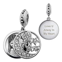 Qina C. Sterling Silver Personalized Text Name Date & Photo Engraved Message Moon Star Crystal Dangle Bead F/European Charm Bracelet Gift f/Family Friend Wife Daughter