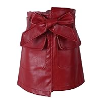 iiniim Toddler Kids Girls PU Leather Mini Skirt A-line Asymmetric Hem Belted Pencil Skort Skirt