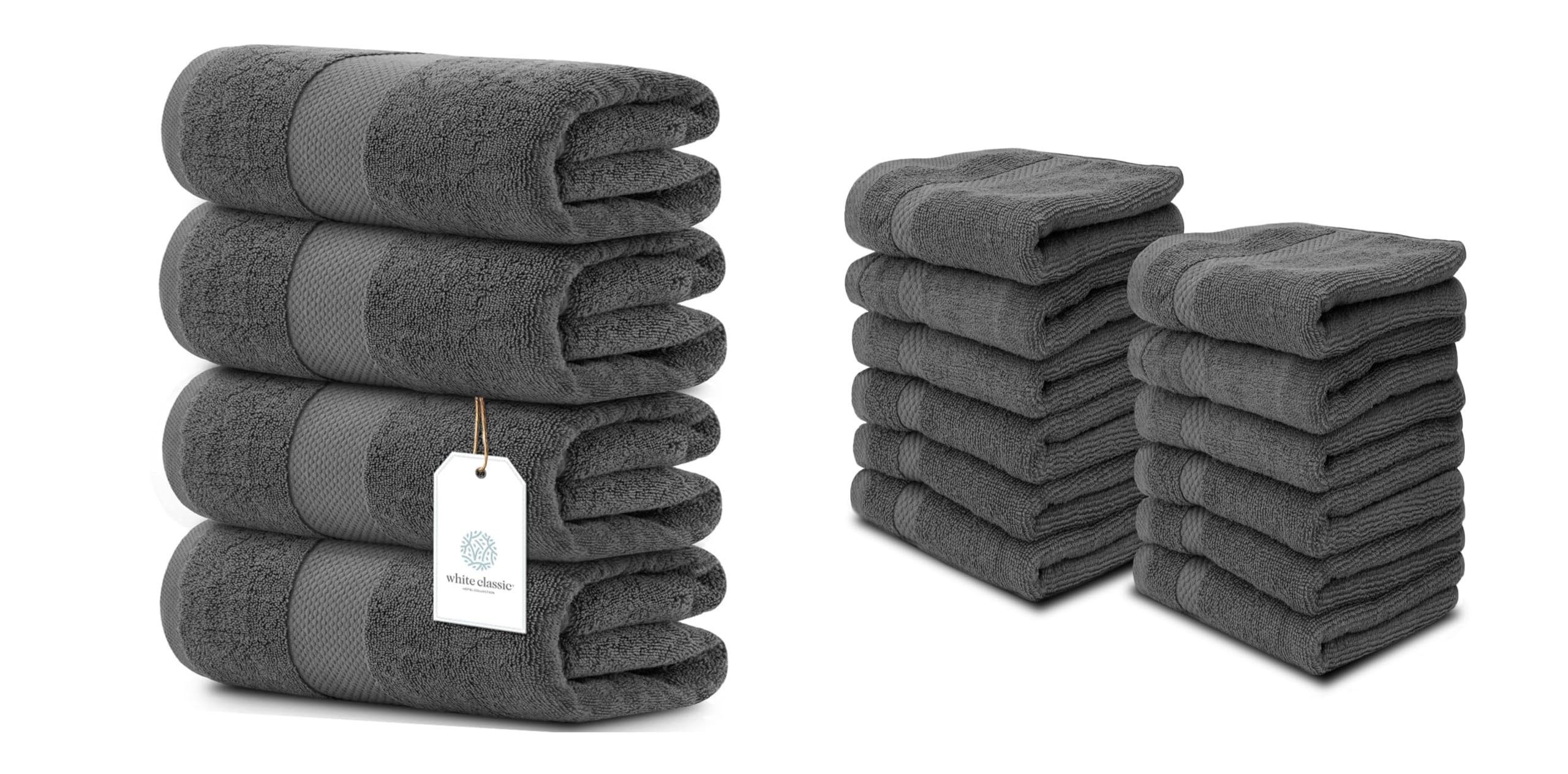 White Classic Luxury White Bath Towels Large | Set of 4 Luxury Washcloths | Set of 12 Bundle (Gray)