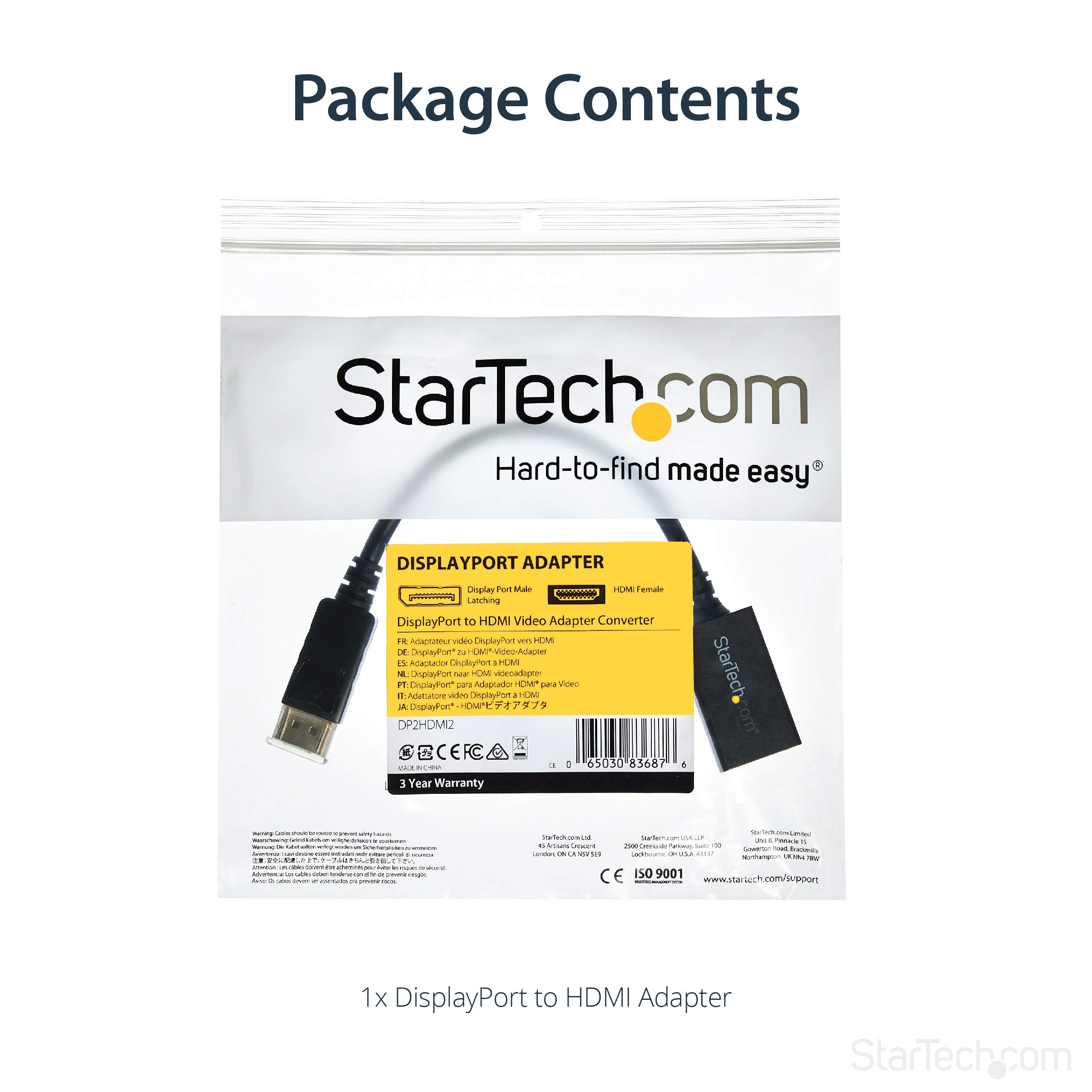 StarTech.com DisplayPort to HDMI Adapter - DP 1.2 to HDMI Video Converter 1080p - DP to HDMI Monitor/TV/Display Cable Adapter Dongle - Passive DP to HDMI Adapter - Latching DP Connector (DP2HDMI2)
