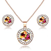 Uloveido Women's Rose Gold Plated Square Cube Crystal Necklace and Stud Earrings Set Wedding Party Jewelry Set for Girl Y453 (Red, Blue)
