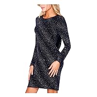 Womens Stretch Glitter Textured Open Back Crisscross Straps Long Sleeve Round Neck Above The Knee Party Sheath Dress