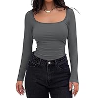 Women's Long Sleeve Shirts Square Neck Crop Top Ribbed Knit Slim Fitted Basic Tees Fall Clothes