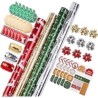 WRAPAHOLIC Christmas Wrapping Paper Set - Red Green Gold and Silver Snowflakes Trees with Metallic Foil Shine Wrapping Paper Bundle with Gift Bow & Ribbon & Tag & Sticker