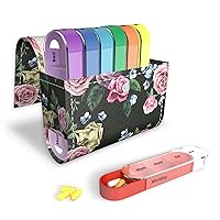 Pill Organizer,LIZIMANDU Weekly Travel Pill Case Box Medication Reminder Daily AM PM, Day Night 7 Compartments,for 4 Times A Day, 7 Days a Week-Includes Leather PU Carrying Case (Black Rose)