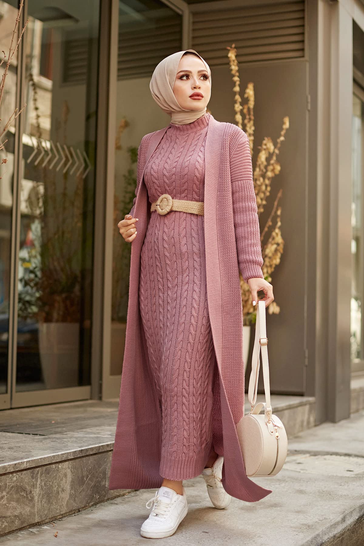 istanbulstyles Autumn Winter 2 Piece Knitwear Suit and Belt Islamic Abaya Muslim Clothing Long Knitted Cardigan Suit